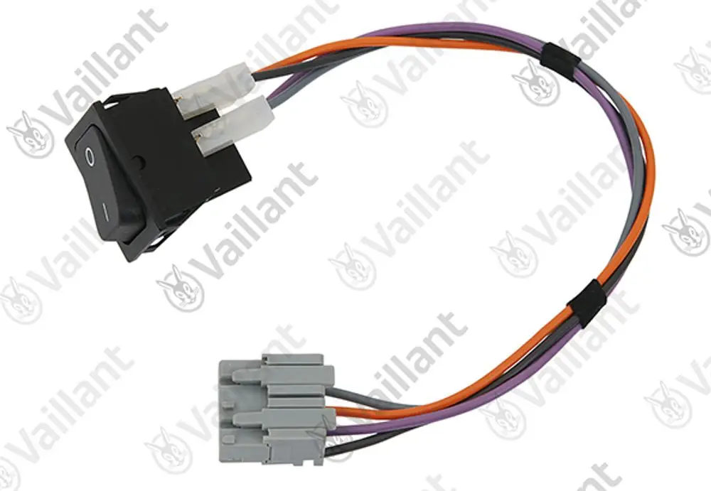 Vaillant Ein/Aus-Schalter mit zwei Steckanschlüssen und mehreren Kabeln in verschiedenen Farben für elektrische Verbindungen.